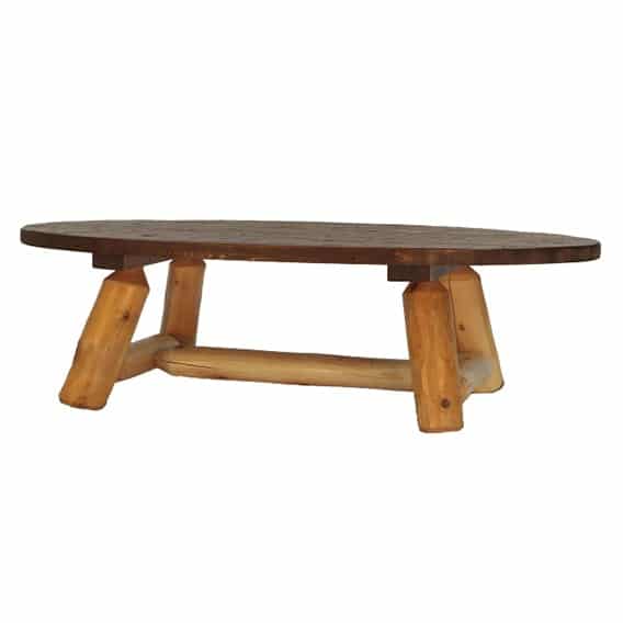 oval cedar log coffee table with dark wood stain