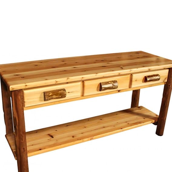 cedar log sofa table with three drawers