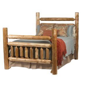 rustic cedar log bed with blue bedding
