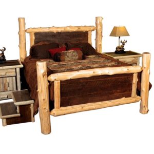 rustic cedar bed with wood paneling and brown bedding