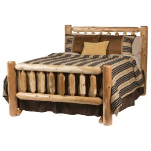 cedar log queen bed with black and yellow striped bedding