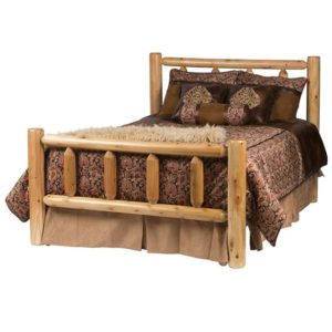cedar log double bed with brown patterned bedding