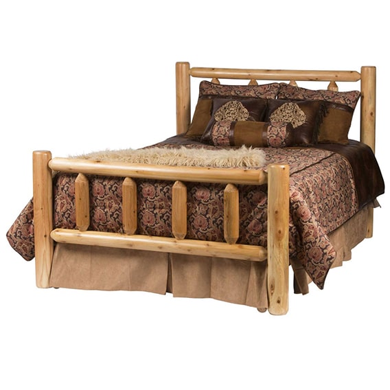 cedar log double bed with brown patterned bedding