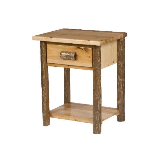 rustic cedar nightstand with one drawer and shelf