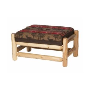 rustic cedar ottoman with red and brown cushion