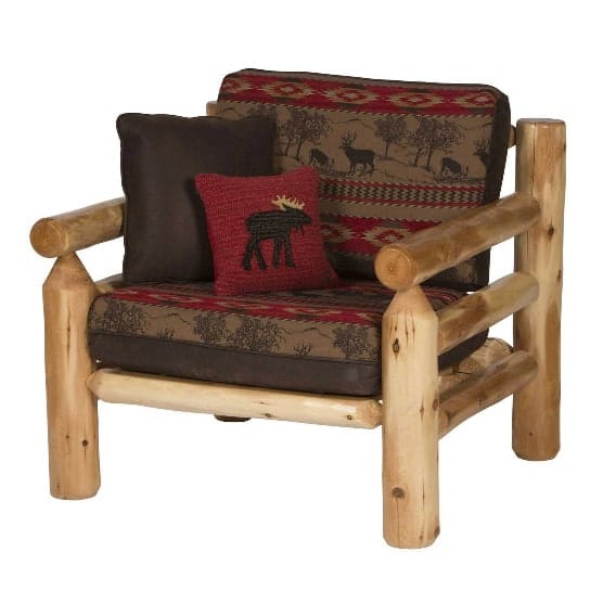 rustic log club chair and a half with brown cushions