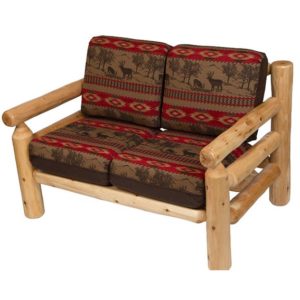 rustic log loveseat with red an brown cushions
