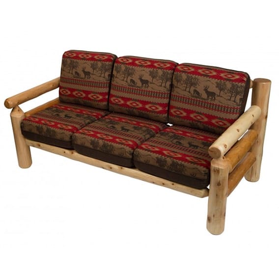 rustic log 3-seat sofa with red and brown cushions