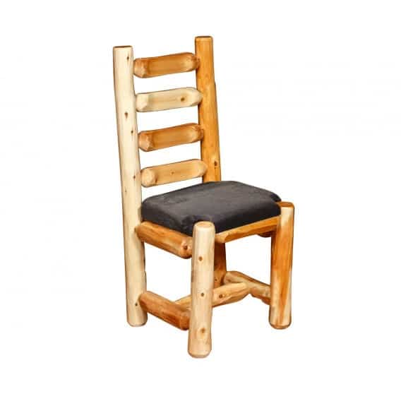 rustic log dining chair with high ladder back and black seat cushion