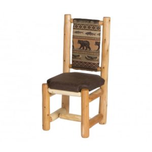 cedar log dining chair with brown back and seat cushions