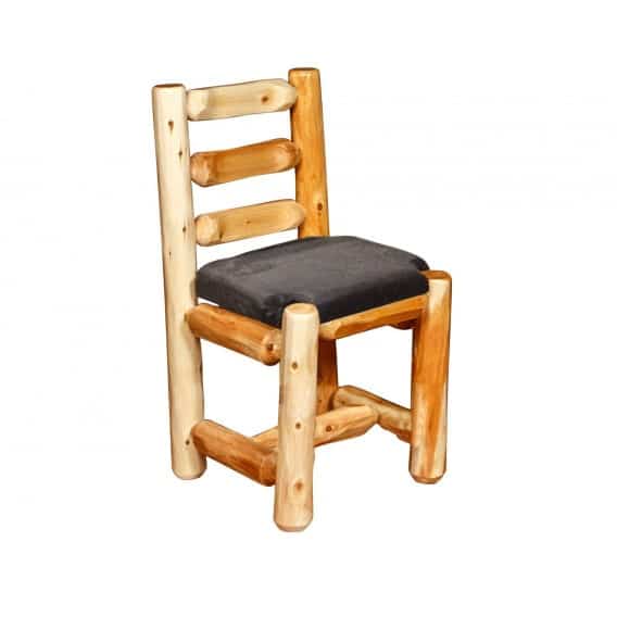 log dining chair with ladder back and black seat cushion