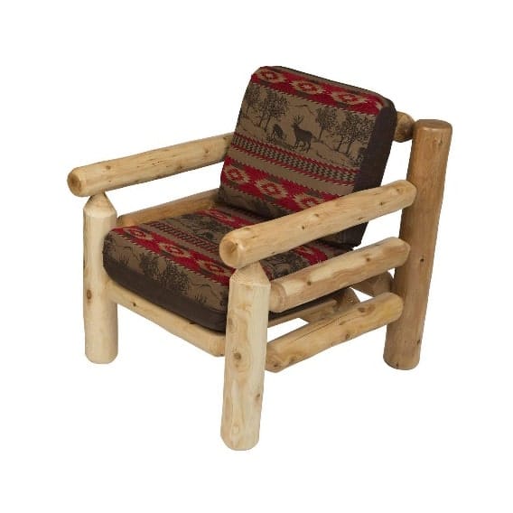 rustic cedar club chair with red and brown patterned cushions