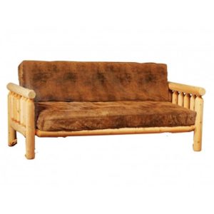 rustic log futon with brown cushions